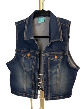 Denim Vest Jacket - Dark Blue Sleeveless Trucker Style